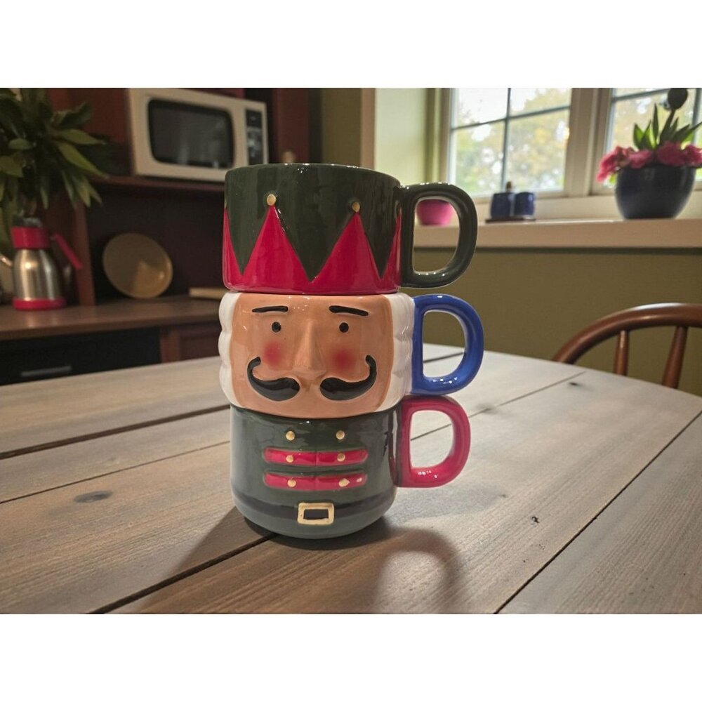 New GRN Solider Nutcracker Christmas 3 Stacking Coffee Tea Mug Cup W/ Handle
